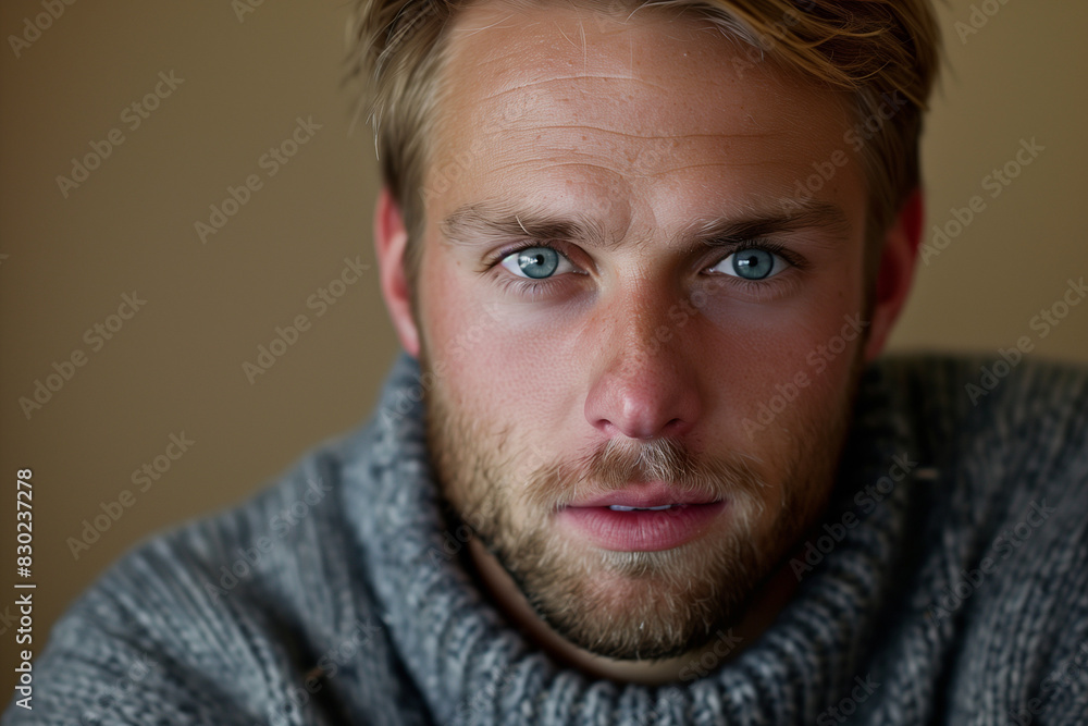 Obraz premium Stylish Man in Sweater: Sandy Blonde Hair, Blue-Green Eyes, Short Length, Light Brown Background