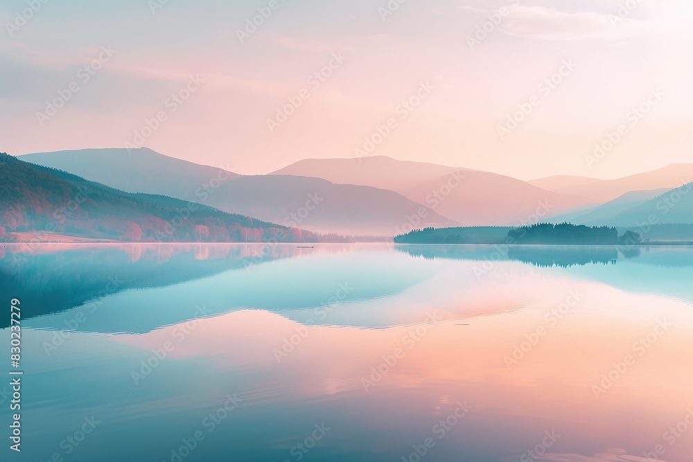 Fototapeta premium Tranquil lake with reflections of mountains at sunset.