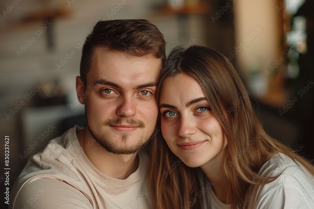 Young couple together, looking at the camera with a warm, engaging smile. Young couple together, looking at the camera with a warm, engaging smile.