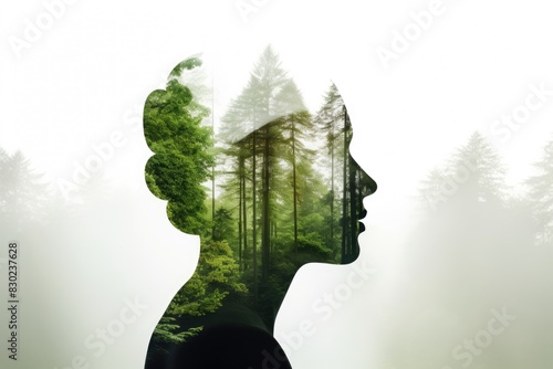 Double exposure portrait blending a human profile with a forest, symbolizing connection with nature. Human Mindfulness and Nature Connection