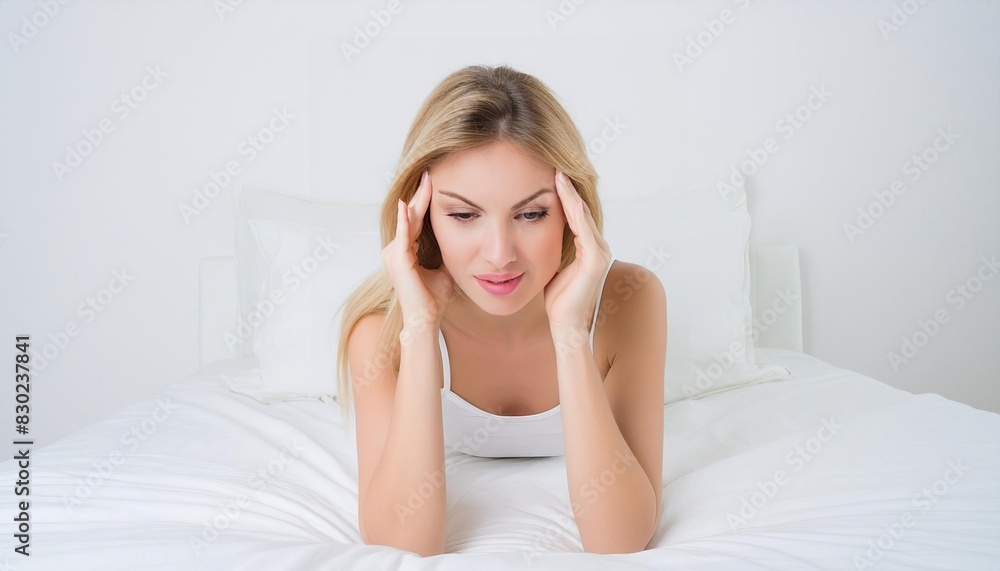 Beauty, young woman with headache on bed Beauty, young woman with headache on bed