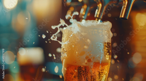 A glass of beer is poured into a glass with foam on top