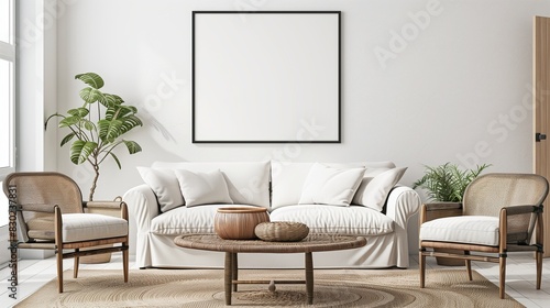 Art wall interior mockup in modern room, blank empty background with frame, picture artwork painting, design in home white living, furniture floor, poster style decor, sofa