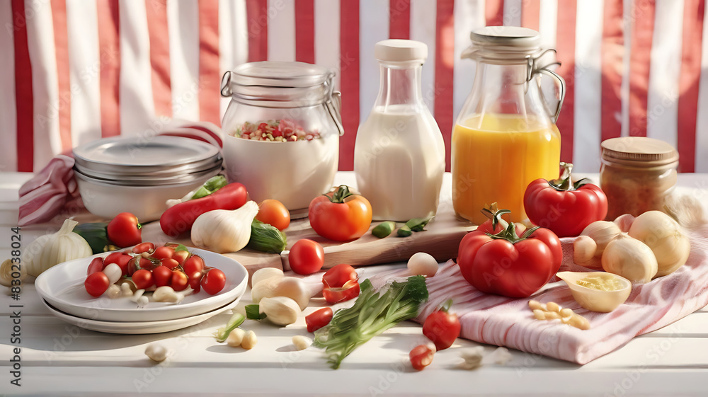 A pile of various vegetables on a white and red stripes fabric on white wooden table. There are condiments and cooking equipment placed on the side, realistic sun light and shade, A pile of various vegetables on a white and red stripes fabric on white wooden table. There are condiments and cooking equipment placed on the side, realistic sun light and shade,