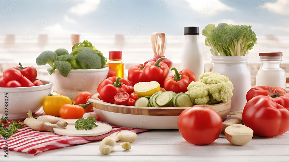 A pile of various vegetables on a white and red stripes fabric on white wooden table. There are condiments and cooking equipment placed on the side, realistic sun light and shade, A pile of various vegetables on a white and red stripes fabric on white wooden table. There are condiments and cooking equipment placed on the side, realistic sun light and shade,