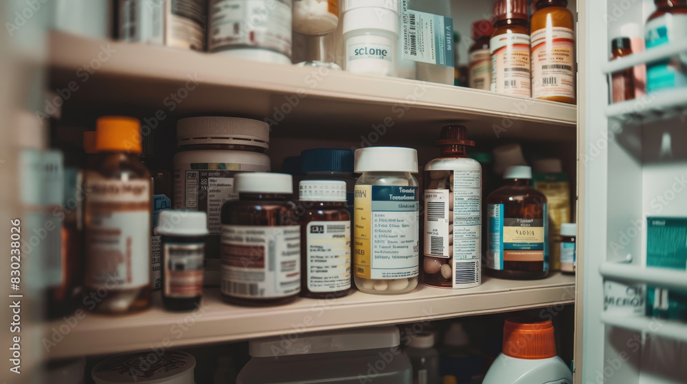 A medicine cabinet with many bottles of medicine on the shelf A medicine cabinet with many bottles of medicine on the shelf