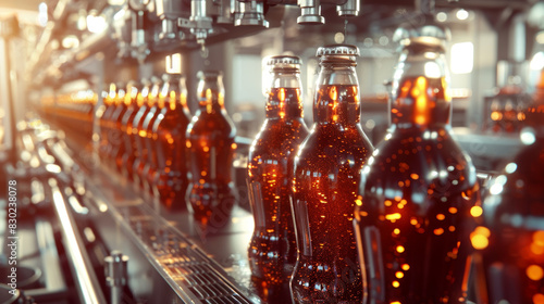 A row of bottles of soda are being filled in a factory