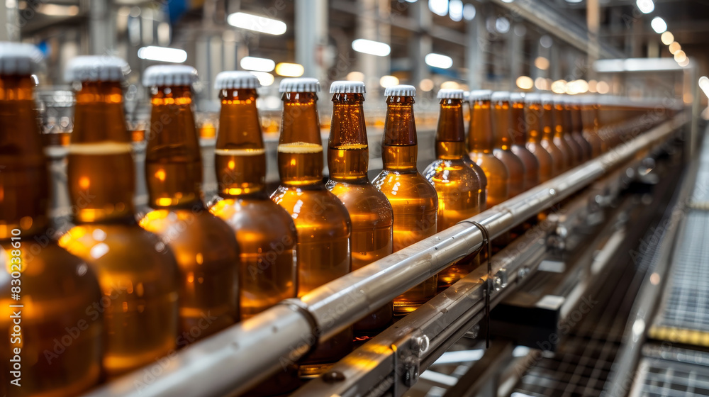 A row of beer bottles on a conveyor belt A row of beer bottles on a conveyor belt