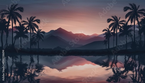 tropical sunset landscape with palm trees mountains and river serene summer travel concept design for poster wallpaper banner digital art illustration with twilight hues and reflective water