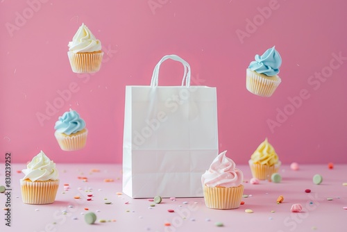 Mockup of white paper bag on pink background with cupcakes, for brand design