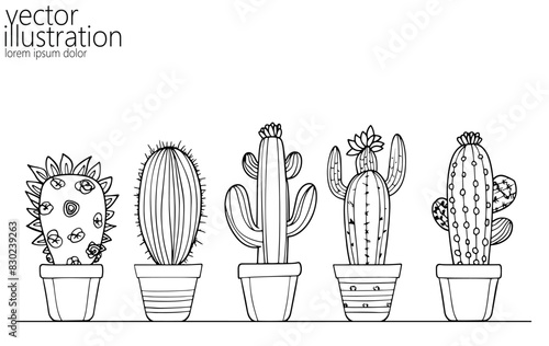  Set of cactus succulent plants. Home plants one line ink sketch flowers in a pot decorative houseplant. Contour outline vector illustration