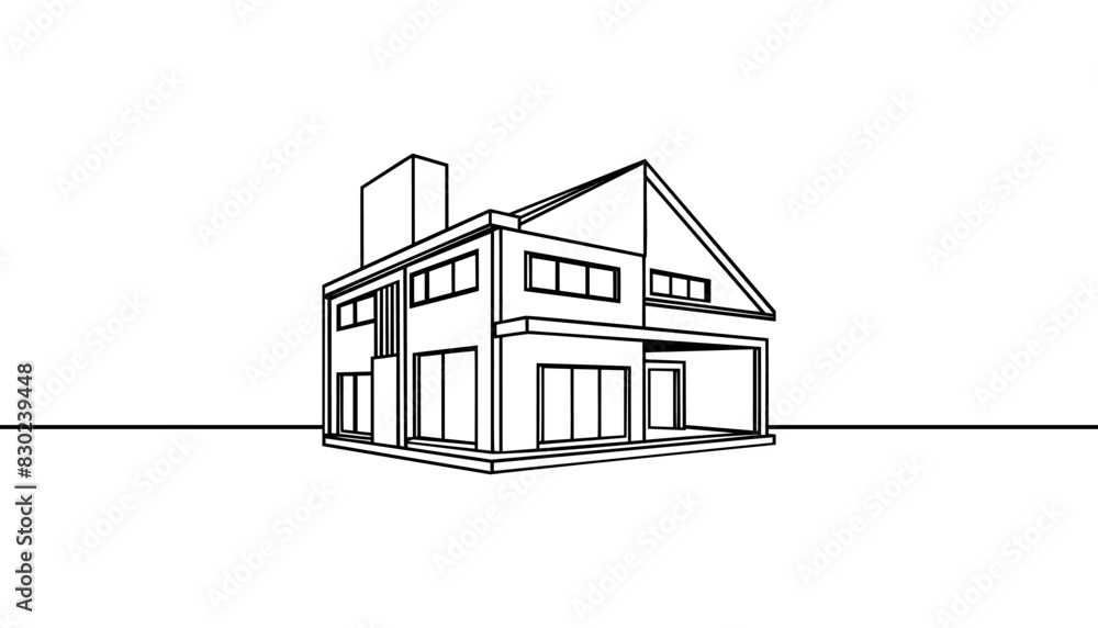 Modern house or commercial building in continuous line art drawing style. Modern architecture sketch isolated on white background. Vector illustration Modern house or commercial building in continuous line art drawing style. Modern architecture sketch isolated on white background. Vector illustration