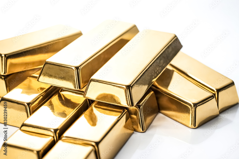 Shiny Gold Bars Stacked on a White Surface Shiny Gold Bars Stacked on a White Surface
