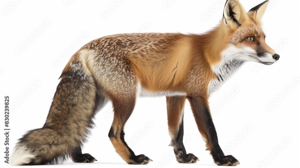 Fototapeta premium A curious red fox standing alert with its tail bushy and ears perked, fur meticulously detailed in shades of red, white, and black, isolated on solid white background,