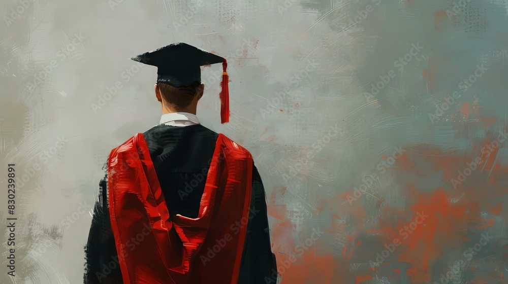 aspiring graduate in traditional academic regalia rear view isolated background digital painting
