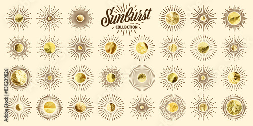 Vintage sunburst, sunset beams. Gold foil, shiny handmade circles. Golden glittering texture, pattern. Hand drawn bursting sun, light rays. Logotype or lettering, retro style. Vector illustration