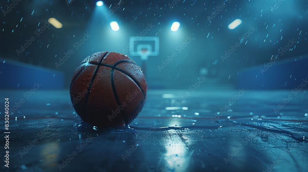 A basketball sits on a wet court under the rain. The ball is in focus, with the rim and backboard blurred in the background. A basketball sits on a wet court under the rain. The ball is in focus, with the rim and backboard blurred in the background.