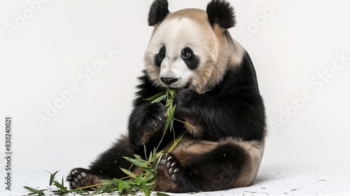 A fluffy panda bear sitting and munching on bamboo  its black and white fur stark against the solid white background 