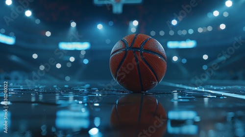 A basketball sits on a wet court under bright lights. The ball is orange and black and has a shiny surface.