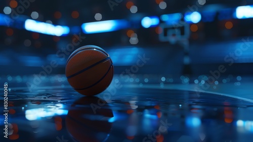A basketball sits on a wet court under bright lights. The ball is orange and brown, and the court is blue. © Dinara