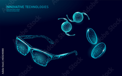 Glasses and Intraocular lenses 3D low poly concept. Healthcare eye vision care medicine surgery. Isolated eyewear correction. Ad marketing template vector illustration