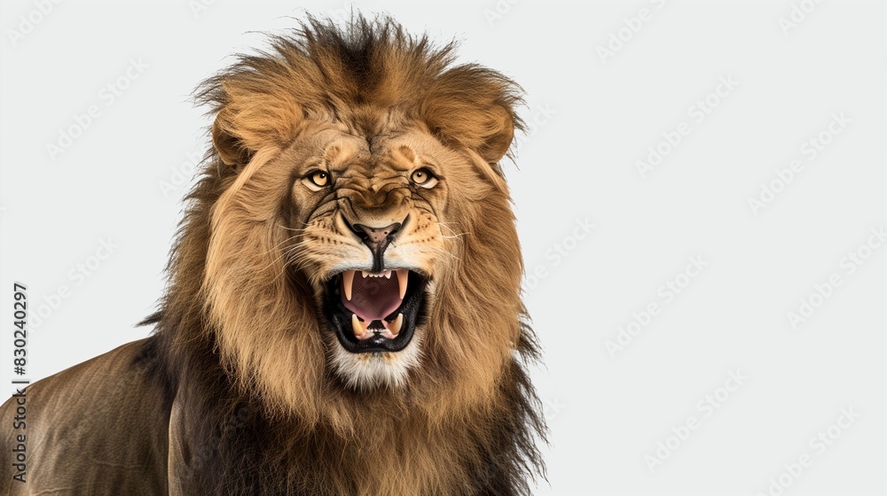 A magnificent lion with a full mane, roaring with mouth open and teeth bared, isolated on solid white background, A magnificent lion with a full mane, roaring with mouth open and teeth bared, isolated on solid white background,