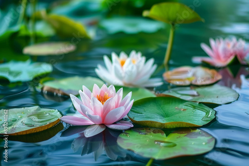 A pond with a few pink and white flowers floating on the surface