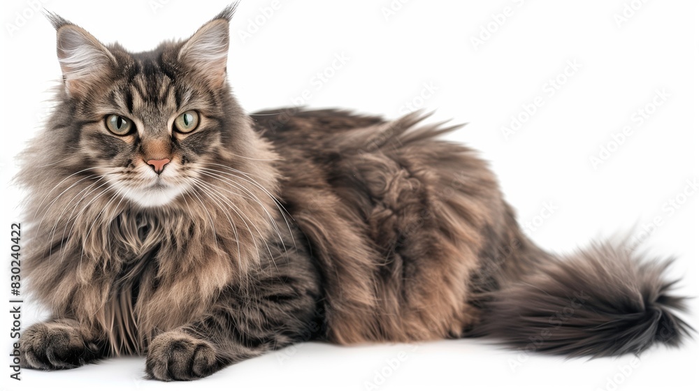 Obraz premium A majestic Norwegian Forest Cat with a thick, fluffy coat and a serene expression, lounging comfortably with its tail draped over its side, isolated on solid white background,