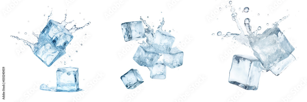 Collection of three falling ice cubes isolated on transparent or white background Collection of three falling ice cubes isolated on transparent or white background