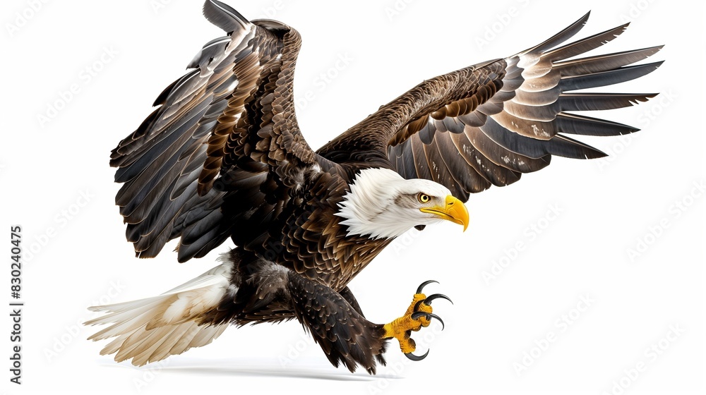 Naklejka premium A powerful bald eagle with wings spread wide, talons extended as if about to land, isolated on solid white background,