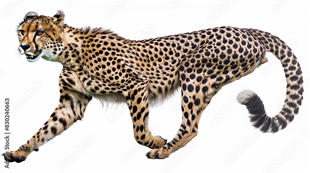 A sleek cheetah in mid-sprint, every muscle defined and spots distinct against its golden fur, isolated on solid white background,