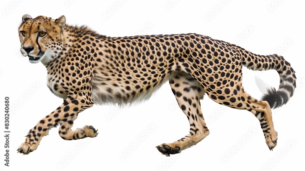 A sleek cheetah in mid-sprint, every muscle defined and spots distinct against its golden fur, isolated on solid white background, A sleek cheetah in mid-sprint, every muscle defined and spots distinct against its golden fur, isolated on solid white background,
