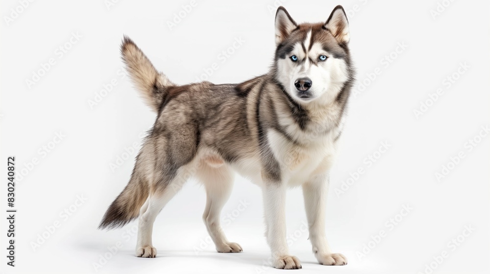 A striking Siberian husky with piercing blue eyes and a thick fur coat, standing alert, isolated on solid white background, A striking Siberian husky with piercing blue eyes and a thick fur coat, standing alert, isolated on solid white background,