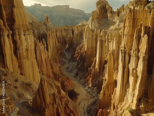 A canyon filled with hoodoos, their tall, thin spires creating a maze-like landscape. The early morning light casts soft shadows, highlighting the unique shapes  photo