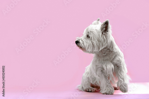 West Highland White Terrier isolated on pink background with copied space for text, product. photo