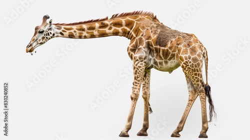A stately giraffe with its long neck extended  patches of fur detailed in various shades of brown  isolated on solid white background 