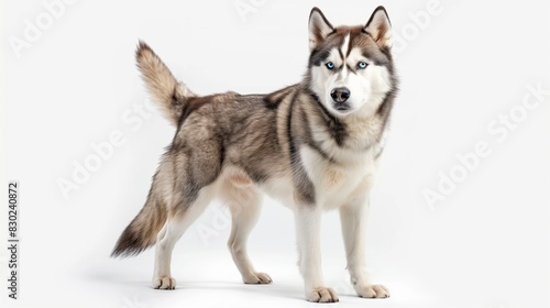 A striking Siberian husky with piercing blue eyes and a thick fur coat  standing alert  isolated on solid white background 