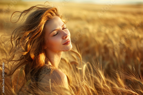 A woman with long red hair is standing in a field of tall golden grass © mila103