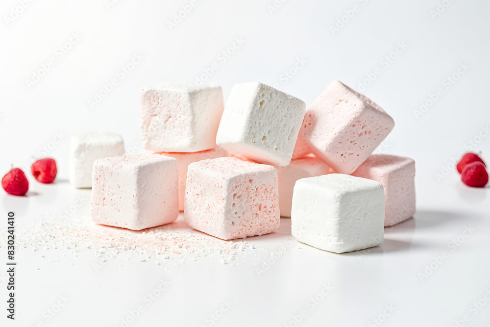 Pink and White Marshmallows with Crumbs on White Background Pink and White Marshmallows with Crumbs on White Background