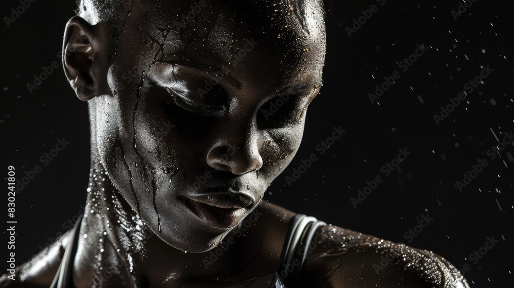 A woman with sweat on her face and a black background A woman with sweat on her face and a black background