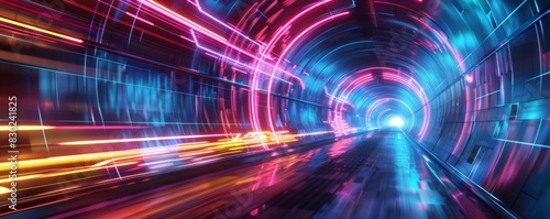 Futuristic Tunnel with Vibrant Neon Light Streaks  A dynamic futuristic tunnel illuminated with vibrant neon light streaks in blue  pink  and yellow  creating a sense of speed and motion.