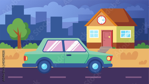 A car driving slowly through the neighborhood with a neighborhood watch sticker on the back window as its driver keeps a lookout for any unusual behavior.. Vector illustration