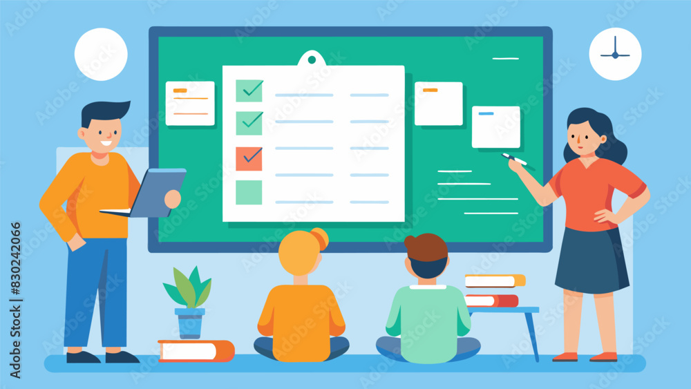 At the front of the room a whiteboard displays the daily homework assignments and students progress as they check off completed tasks.. Vector illustration At the front of the room a whiteboard displays the daily homework assignments and students progress as they check off completed tasks.. Vector illustration
