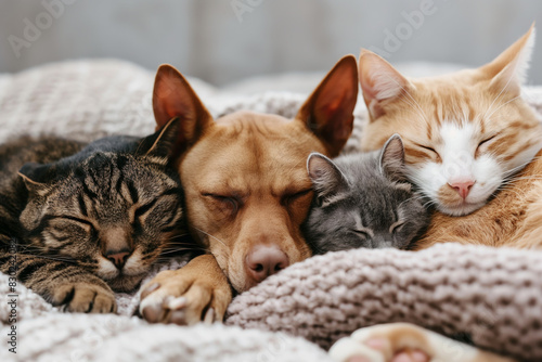 cats and dog sleep together isolate on background