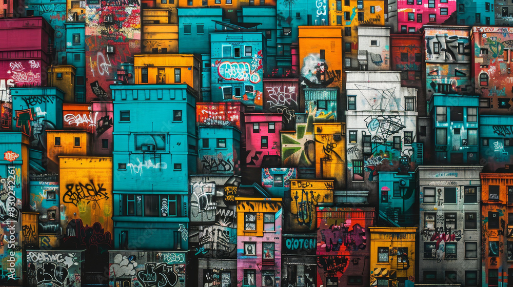 A colorful cityscape with graffiti on the buildings A colorful cityscape with graffiti on the buildings