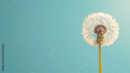  A dandelion floats in the wind on a sunny day against a blue backdrop The sky above is uniformly blue