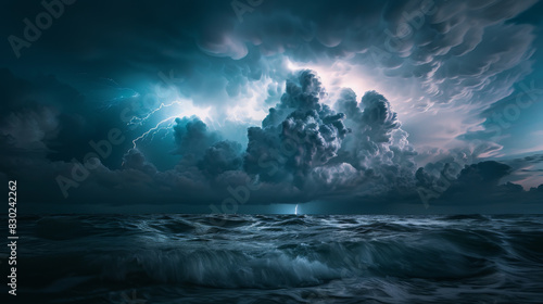 A stormy ocean with a lightning bolt in the sky