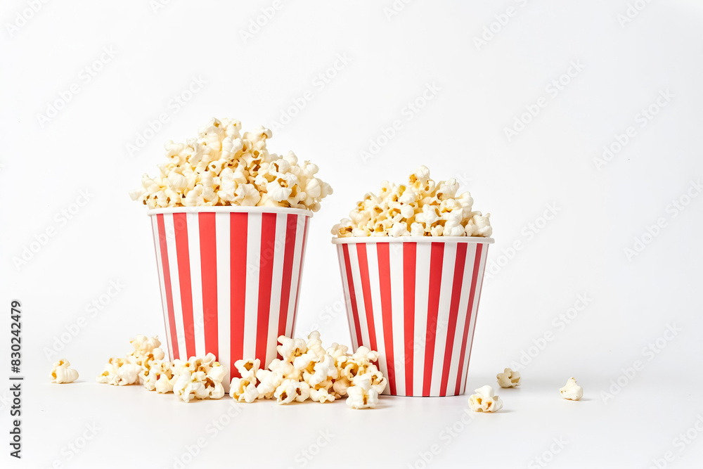 Popcorn in Red and White Striped Cups on White Background Popcorn in Red and White Striped Cups on White Background