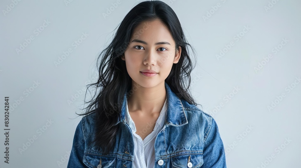 confident indonesian woman in denim jacket against white background portrait photography confident indonesian woman in denim jacket against white background portrait photography