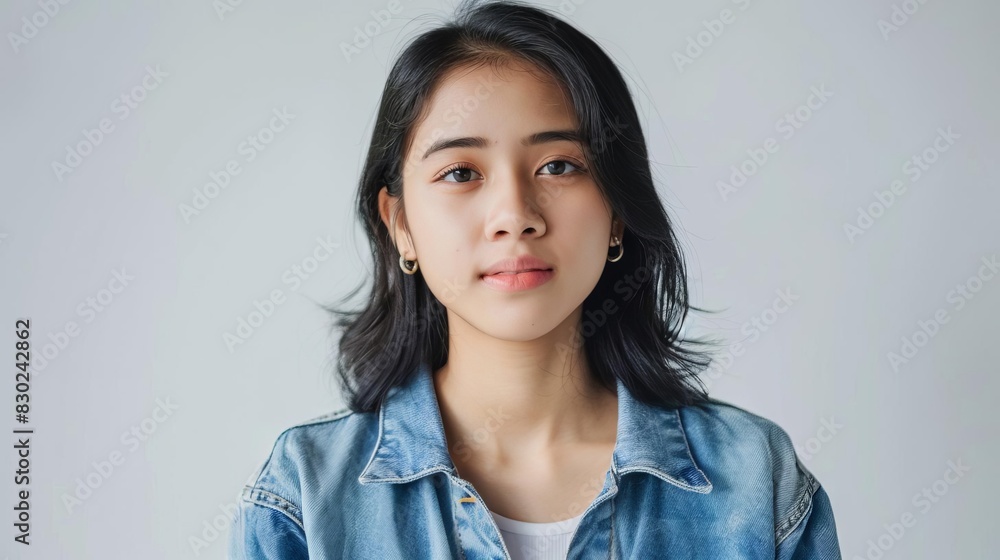 confident indonesian woman in denim jacket against white background portrait photography confident indonesian woman in denim jacket against white background portrait photography